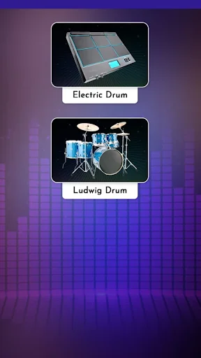 Electro Music Drum Pads selection screen showing Electric Drum pad interface and Ludwig Drum kit options for music creation