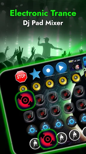 Electronic Trance DJ Pad Mixer app main interface with colorful DJ pads, control buttons, and crowd silhouettes background