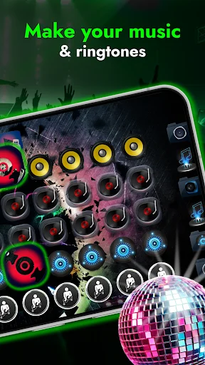 DJ mixer app interface showing music creation pads with 'Make your music & ringtones' text and disco ball graphic