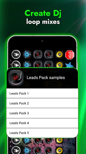 DJ loop mixer interface displaying Leads Pack samples menu with multiple sound pack options for electronic music creation