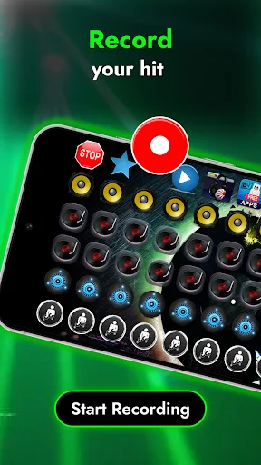 Record function in DJ mixer app showing red record button, mixing pads, and 'Start Recording' control for music beats