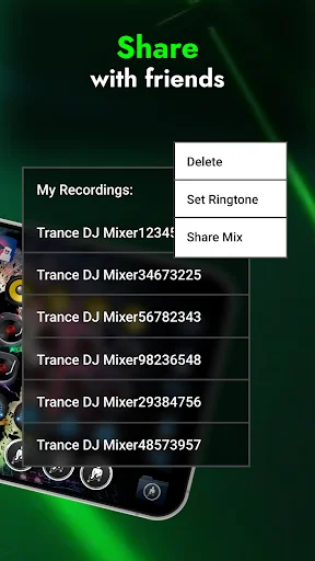 Share menu in DJ mixer app displaying recorded trance mixes list with options to delete, set ringtone, or share with friends