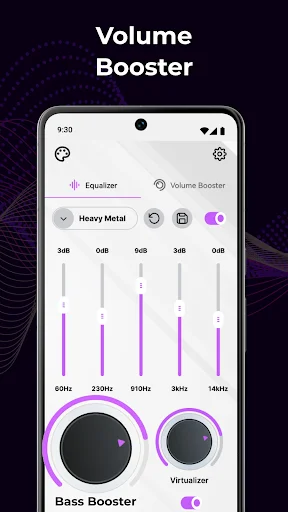 Equalizer Bass Booster Volume app interface showing 5-band audio equalizer sliders and bass booster controls on Android