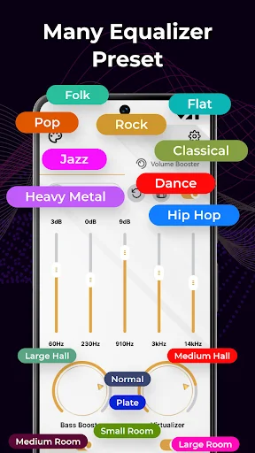 Music equalizer preset selection screen displaying Folk, Pop, Rock, Jazz, Classical, Dance, Hip Hop and other audio presets