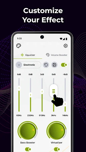 Customize Your Effect screen showing Electronic preset with adjustable equalizer sliders and green bass booster controls