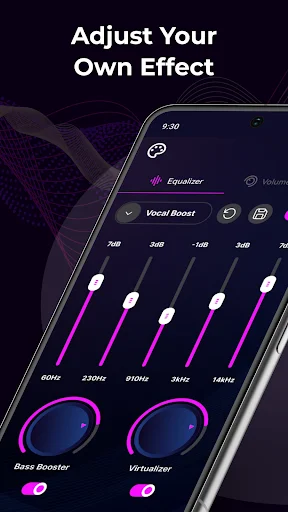 Adjust Your Own Effect interface with Vocal Boost preset featuring purple-themed equalizer and audio enhancement controls