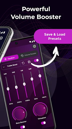 Powerful Volume Booster app with Save & Load Presets feature highlighting Treble Boost equalizer settings and controls