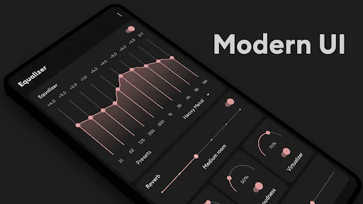 Flat Equalizer app modern dark UI showing 10-band equalizer sliders, bass boost controls, and virtualizer settings