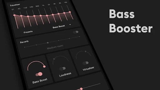 Dark theme bass booster showing equalizer bands, reverb settings, and circular audio control knobs