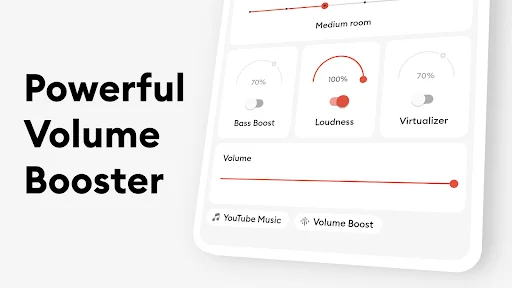 Light theme volume booster with bass, loudness, virtualizer controls and YouTube Music integration options