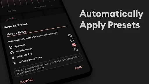 Preset auto-application settings for various audio devices with checkboxes and save/cancel options