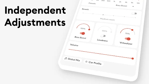Audio adjustment controls featuring bass boost, loudness, virtualizer with global mix and car profile options