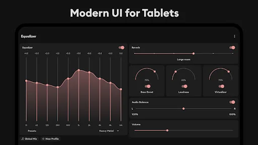 Tablet-optimized modern dark UI with comprehensive equalizer, bass boost, loudness and virtualizer controls