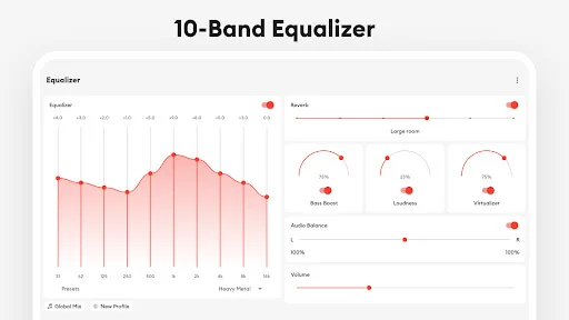 Tablet 10-band equalizer interface with frequency sliders, audio controls, and clean light theme design