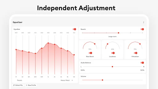 Independent audio adjustment interface for tablets with equalizer, bass boost, loudness and virtualizer settings
