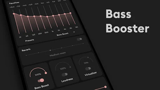 Bass Booster feature with equalizer sliders, reverb controls, and audio enhancement settings in dark theme