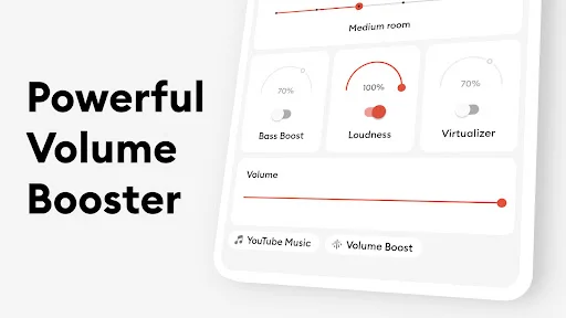 Powerful Volume Booster interface showing bass boost, loudness, and virtualizer controls with volume slider