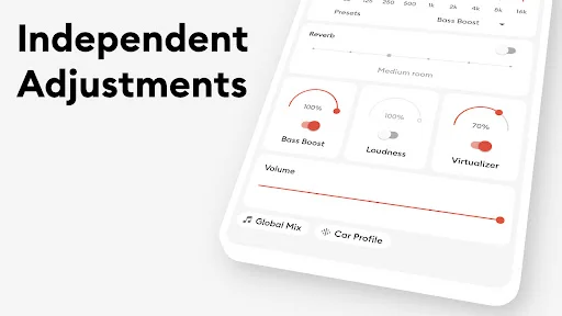 Independent audio adjustments panel with bass boost, loudness, virtualizer controls and global mix settings