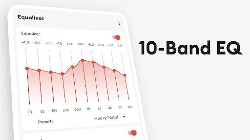 10-band EQ with red frequency curve visualization and Heavy Metal preset in clean white interface design