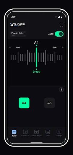 Perfect Flute Tuner main chromatic tuner interface displaying A4 note, frequency visualization, tuning feedback, and note selection