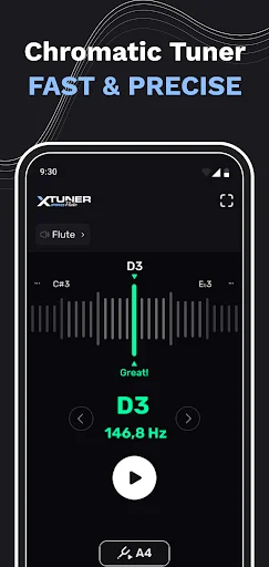 Chromatic Tuner screen showing D3 note at 146.8 Hz with real-time frequency visualization and play button for precise tuning