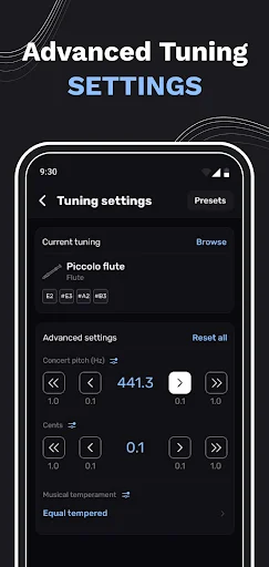 Advanced Tuning Settings screen for Piccolo flute with concert pitch adjustment at 441.3 Hz and precise pitch controls