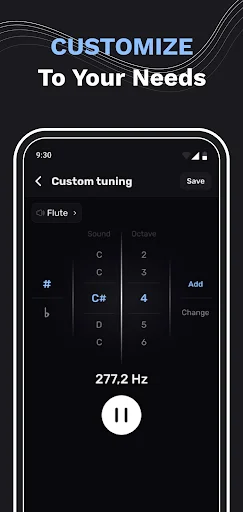 Custom Tuning screen for Flute with note grid selector, octave adjustment, 277.2 Hz frequency display, and pause button
