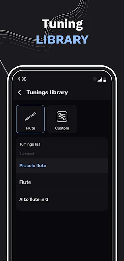 Tuning Library screen showing available preset tunings including Piccolo flute, standard Flute, and Alto flute in G