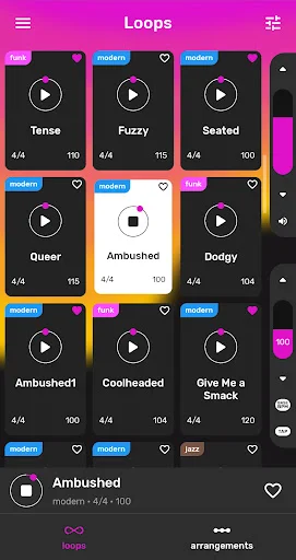 Drum loops library with play buttons displaying BPM, time signature, and arrangements for funk and jazz beat selection