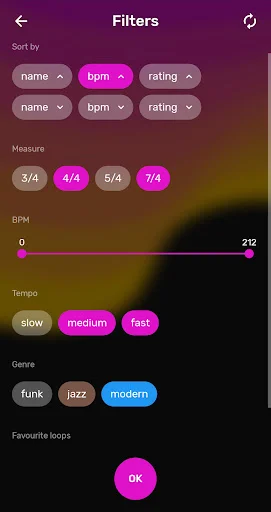 Loop filter screen with sort, time signature, BPM range, tempo, and genre options for funk and jazz drum beats