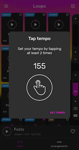Tap tempo interface to set BPM by tapping at least 2 times, displaying real-time tempo value of 155 BPM