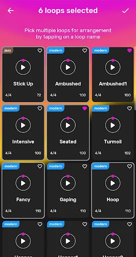 Loop multi-select picker for arrangement creation with 6 loops selected, showing BPM and time signature information