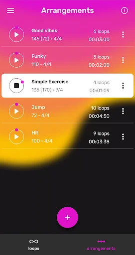 Arrangements library listing custom drum beat compositions with loop count, duration, and create arrangement button