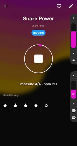 Loop detail for 'Share Power' with modern genre, time signature 4/4, BPM 110, star rating, and share options