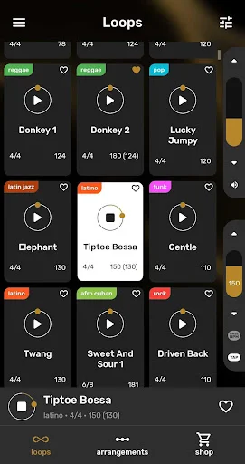 Drum Loops ULTIMATE grid with playable beats, tempo markers, and genre tags for guitar backing tracks