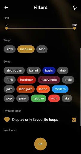 Drum loop filter interface with BPM slider and Tempo and Genre buttons to customize search