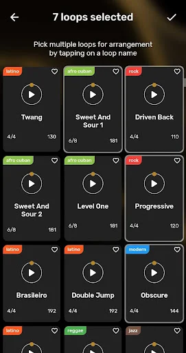 Seven drum loops selected for creating arrangement with multiple playable backing track options