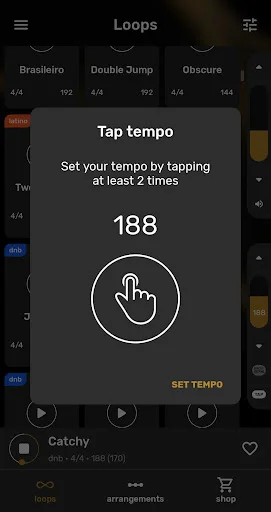 Tap tempo control interface set to 188 BPM for adjusting drum beat tempo in real-time
