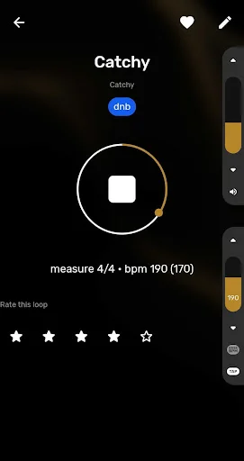 Catchy drum loop detail view with DNB genre, 190 BPM, five-star rating, and play controls