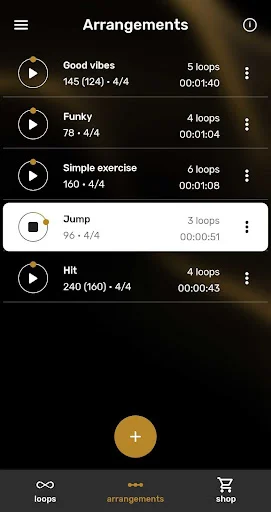 Arrangements list of saved drum loop collections with BPM, loop counts, and track durations