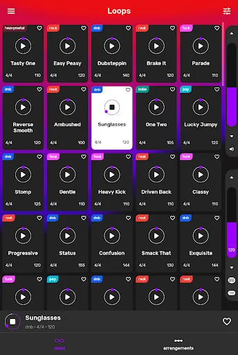 Grid of drum backing tracks for guitar with play buttons, tempo, and user ratings