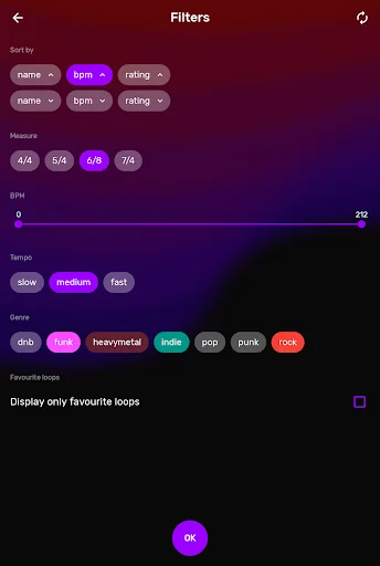 Drum loop filter options for genre, tempo speed, BPM, and time signatures