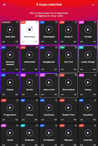 Multi-select screen with 5 drum loops checked for custom arrangement creation