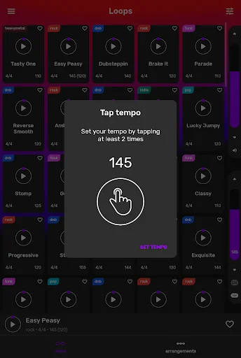 Tap tempo interface showing 145 BPM for setting drum loop playback speed