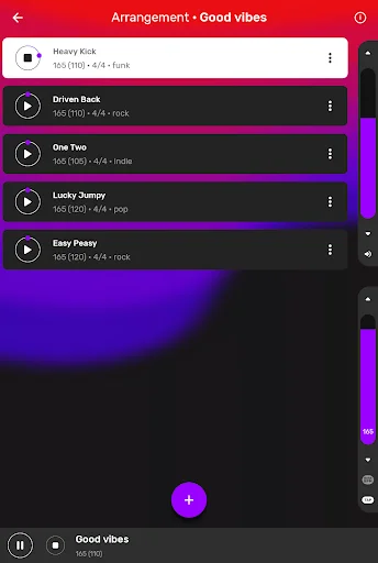 Drum arrangement playlist showing selected backing tracks with play control