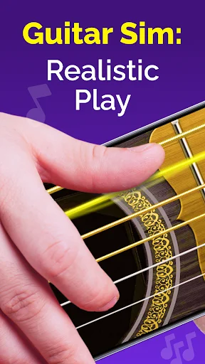 Guitar Sim: Realistic Play app title screen with hand strumming acoustic guitar strings on purple background