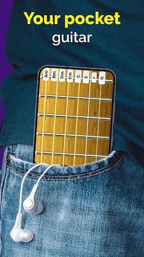 Mobile guitar simulator in pocket concept with smartphone showing fretboard interface and connected earphones