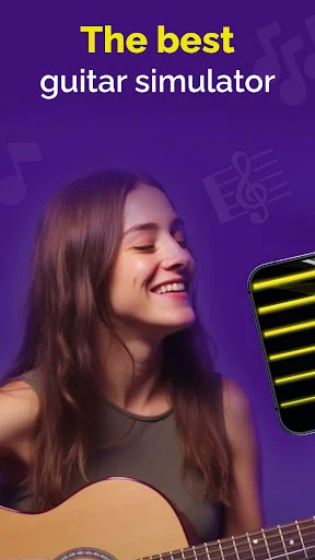 Guitar simulator app showcasing happy user with acoustic guitar and mobile interface for realistic guitar playing