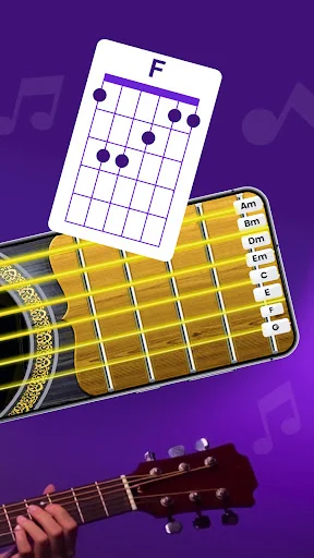 Guitar chord learning screen with F chord chart overlay on fretboard and guitar headstock visible for music education