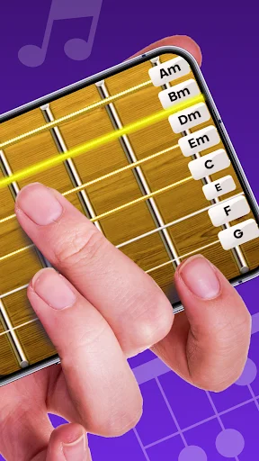 Guitar simulator fretboard with chord labels (Am, Bm, Dm, Em, C, E, F, G) and finger positioning on strings